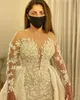 Illusion Langarm Mermaid Brautkleider mit abnehmbarem Zug Spitze Blumenstickerei Prinzessin Kirche Royal Brautkleider