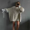 Kvinnors tröjor Ayualin Spring Autumn Shirt Sleeve Stitching Women's Sweater Solid Color O Neck Twist Mönster Weaving Boho