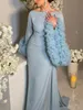 Light Sky Blue Mermaid Prom Dresses Trumpet Flare Long Sleeves With Ruffles Saudiarabien Long Elegant Formal Evening Clows Robe de Soiree Chiffon Party Dress