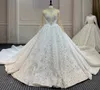 2023 Saudi Arabic Wedding Dress Lace 3D Flower Crystal Bridal Gowns Custom Made Sheer Neck Long Sleeves Vestido de Novia