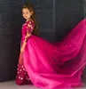 2023 FUCHSIA FLOR GIRL MENINAS Princesa Mangas compridas renda de cristal Flores de gilrs vestido de concurso Fulnismo Primeira Comunhão Vestido de Comunhão Extensão Excelente