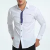 남자 캐주얼 셔츠 남성용 셔츠 긴 소매 리본 스팅 된 단일 브레스트 패치 워크 탑으로 칼라 카디건을 거절합니다.