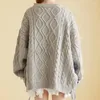 Kvinnors tröjor Ayualin Spring Autumn Shirt Sleeve Stitching Women's Sweater Solid Color O Neck Twist Mönster Weaving Boho