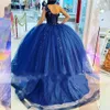 Quinceanera Ball Gown Dresses One Shourdeld Royal Blue Illusion Lace Aptliques Beads Crystal Floor Length Corset Back PlusサイズPROMイブニングドレス403