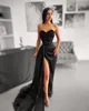 Sexy schwarze mermaid prom Kleider lang für Frauen und Größe hoher Si -Split Satin Schatz Spitzen Applikationen Falten Ruched Formale Abendparty Kleider Custom 2024