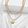 Choker Round Moon Star Tag Pendant Necklace For Women Gold Color Alloy Dubbelskiktad klavikelkedja Collier Jewelry Gift