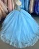 2023 Light Blue Ball Gown Quinceanera Dresses Off Shoulder Tulle Crystal Beads Lace Appliques Corset Back Floor Length Sweet 16 Party Prom Evening Gowns