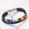 Hot Energy Natural Gem Lava Stone Double Layer Magnetic Buckle Leather Chakra Bracelet for Men