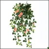 Flores decorativas Guirnaldas Simation Cestas colgantes artificiales Flor Fake Rose Vines Boda Colgante de pared Follaje Flores Home Garde Dhb9E