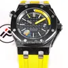 IPF 1570 кованый углерод A3120 Автоматические мужские часы 42 -миллиметровые черные текстурированные маркеры циферблата желтые резиновые ремешки Super Edition Watches Puretime D4