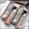 Flatware Sets Wheat St Stainless Steel Portable Tableware Set Japanese Fork Spoon Chopsticks Dinnerware Sets Student Cutlery Gift 74 Dhbrr