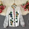 Women's Tracksuits Runway Summer Suits Women White Sexy See Through Lace Sleeve Floral Print Shirts Grapes Wide Legs Shorts Sets Fashion