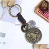 Key Rings Coin Constell Key Ring 12 Horoscope Sign Keychain Leather Weave Retro Bronze Bag Hangs Holder Rings For Women Men Fashion Dh97K