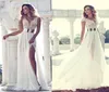 Julie Vino Beach Wedding Dresses A Line Sexig High Split Illusion Beaded Bohemian Bridal Gowns Robe de Mariee4241299