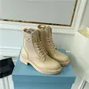 2022 Botines de lujo Botas de cuero cepillado y Re-Nylon Botas de tobillo de moda para mujer Botas Martin Botas con cordones Bota de motocicleta Botas de combate Zapatos planos para mujer