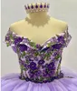 2023 Lavender Quinceanera Robes 3d Applique florale hors de l'épaule Rouffes à plusieurs niveaux Sweet 16 Prom d'anniversaire Prom Forme de soirée Forme Vestidos 403 403