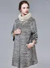 Women's Fur FMFSSOM Winter Women Faux Mink Outwear Fashion Mid Length Black White Striped Loose Turn Down Collar Long Sleeve Coats