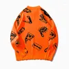 Hommes chandails 2022 hiver Orange couleur déchiré trou Pull hommes Harajuku Hip Hop Punk tricoté femmes Graffiti Vintage Pull Homme