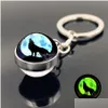 Key Rings Glass Cabochon Glow In The Dark Luminous Keychain Wolf Keyring Key Holders Bag Hang Fashion Jewelry Drop Delivery Dh49T