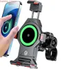 Car Aluminum Alloy Motorcycle Phone Mount with Qi 15W Wireless Charger Vibration Dampener One-Push Automatically Handlebar Holder