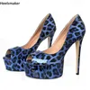 Tallón de talla nueva llegada de las bombas Patentes Patentes Slip sobre Peep Toe Sexy Stiletto Heels Sky Blue Leopard Shoes Ladies Us Plus Tamaño 5-20