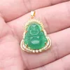 Pendant Necklaces Charm 28X23MM Blue Green Jades Stone Carved Buddha Inlaid Rhinestone Buddhist Amulet Necklace 1PCS