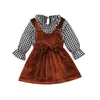 Kl￤dupps￤ttningar Sm￥barn Kid Girl Clothes Set Plaid L￥ng ￤rm Topps V-ringning Velvet Dress Outfits Autumn Spring Children D01