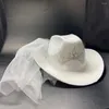 Basker vit krona cowboy hatt med slöja elegant kvinna västerländsk dekor brud bröllop huvudkläder po props cosplay party verktyg