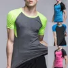 T-shirt à manches courtes pour hommes, haut de couleur unie, couture, séchage rapide, décontracté, moulant, sport, 2022