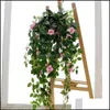 Flores decorativas Guirnaldas Simation Cestas colgantes artificiales Flor Fake Rose Vines Boda Colgante de pared Follaje Flores Home Garde Dhb9E