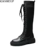 Rasmeup Leather Kintted Elastic Women039s Knee High Boots 2020 Women Platform Lace Lacci a Lady Up Lady Chunky Shoes Plus SI3135967