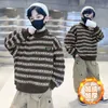 Pullover Boy Clothes Plush Sweatshirt Autumn Winter Korean Fashion Stripe Top Letter Print Long Sleeve Pullover Children's Clothing 414Y 221125