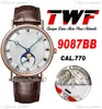 TWF Classique Dame 9087BB A770 Automatic Mens Watch Moon Phases Rose Gold Silver Textured Dial Roman Markers Brown Leather Strap Super Edition Watches Puretime C3