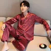 Mäns sömnkläder Män Sleep Wear Silk Satin Pyjama Set Turn-Down Collar Pijama Långärmning Spring Nightwear Male Top Pants Homewear 221124