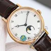 TWF Classique Dame 9087BB A770 Automatic Mens Watch Moon Phases Rose Gold White Textured Dial Number Markers Brown Leather Strap Super Edition Watches Puretime D4