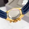 크로노 그래프 남성 골드 시계 고품질 석영 운동 손목 시계 타이머 다기능 디자이너 시계 고무 스트랩 접이식 걸쇠 절묘한 클래식 시계