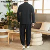 Tute da uomo Set di cotone stile cinese da uomo INCERUN Ricami da uomo Abiti solidi Bottoni a maniche lunghe Top Pantaloni elastici Sciolti accoglienti