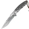 Kolekcja składania Flippera Damascus nóż vg10 Damascus Blade rzeźbia stalowa głowa heban rączka na zewnątrz kempingowe noże kieszonkowe