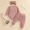 Kleidungssets für geborene Babys, Jungen, Mädchen, Kleidung, 0–24 Monate, 3-teilig, solide Langarm-Strampler, Tops, elastische Hosen, Stirnband