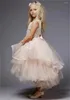 Vestidos de menina Vestido de champanhe Multi-camada Tulle Flower Flower Tea Length Length Pageant Gown Party Birthday com fita 1-14Y