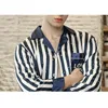 Men's Sleepwear 2022 Men Satin Silk Set Blue And White Striped Long Sleeve Pants Home Clothes Male Sexy Luxurious Pajamas Spring