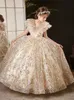 2023 Gold Crystal Flower Girls Dress Pageant Dresses Ball Gown Beaded Toddler Infant Clothes Little Kids Birthday Gowns