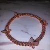 Halsband, 12 mm, rosafarbene CZ-Cuban-Link-Schmetterlings-Halskette für Damen, Hip-Hop-Modeschmuck