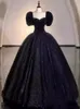 Elegant Black Ball Gown Prom Dress Sweetheart Short Sleeves Lace-up Back Velvet with tulle Organza