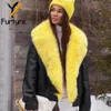 Women's Fur Faux Coat Sheepskin Jacket Genuine Collar Real Coats With Feather Lining Luxury Winter 221124