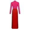 Casual jurken beroemdheid vrouwen feestjurk lange mouw roze rood patchwork mager spleetband maxi avond