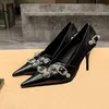 2023 Belt Buckle Rhinestone Decoration Formal Shoes Women's Leather Pointed Thin High-heeled Shoes Party Black Luxury Designer 9cm Pumps High