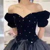 Elegant Black Ball Gown Prom Dress Sweetheart Short Sleeves Lace-up Back Velvet with tulle Organza