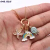 Cartoon Colorful Rainbow Heart Starfish Unicorn Pendants Necklace Kids Girls Charming Pendant Long Chain Necklace Cute Jewelry For Christmas Gifts