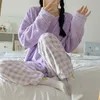 Women's Sleepwear Sweet Pajama Sets Women Candy Color Long Sleeve Tops Bundle Pants Plaid Students Flannel Fashion Cozy Thicker Lounge 221124